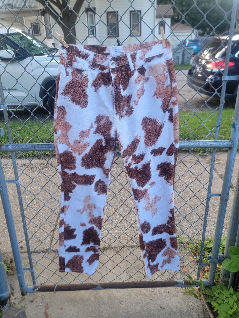 WeWoreWhat Cow Print Denim Jeans Brown White Y2K Western Size 32 Us 14